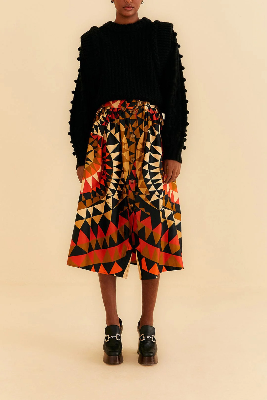 Black Heart Deco Button Down Midi Skirt | FarmRio (US)