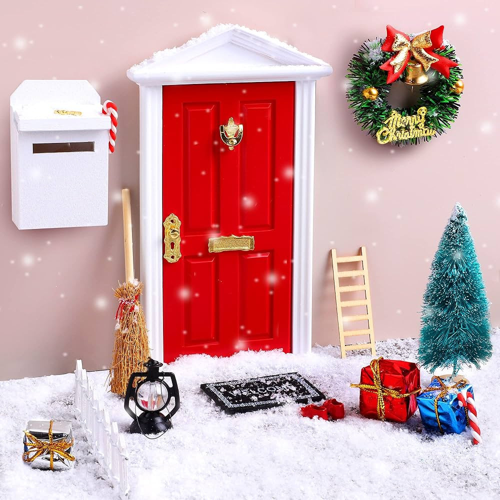 Elcoho 17 Pieces Christmas Elf Wooden Fairy Set Mini Wooden Tiny Door with Christmas Accessories ... | Amazon (US)