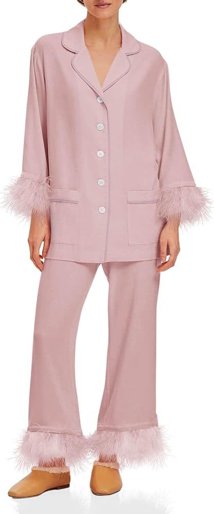 Tankaneo Womens Feather trim Pajama Sets Button Down Long Sleeve Tops Wide Leg Pants Pj Set Soft ... | Amazon (US)