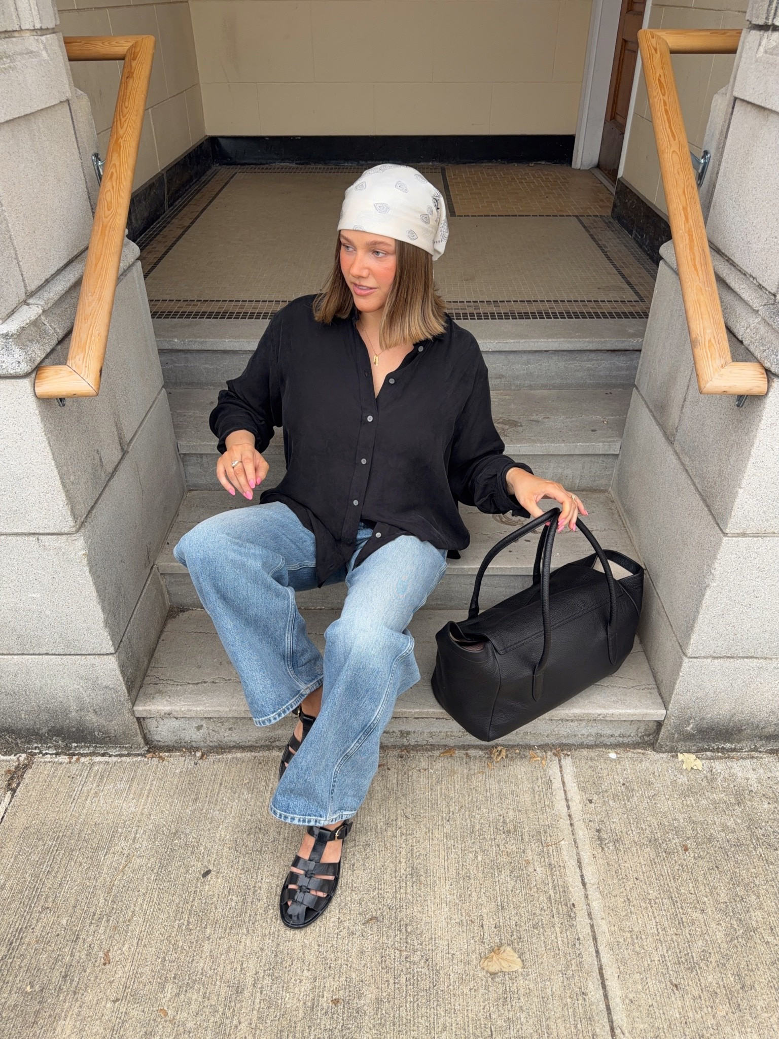 Blouse has almost a silky feel to it super lightweight and chic, jeans tts rigid slight barrel fit, size down 1/2 in sandals!

#jcrew #chic #bandana #barreljeans #bresheppard

#LTKootd