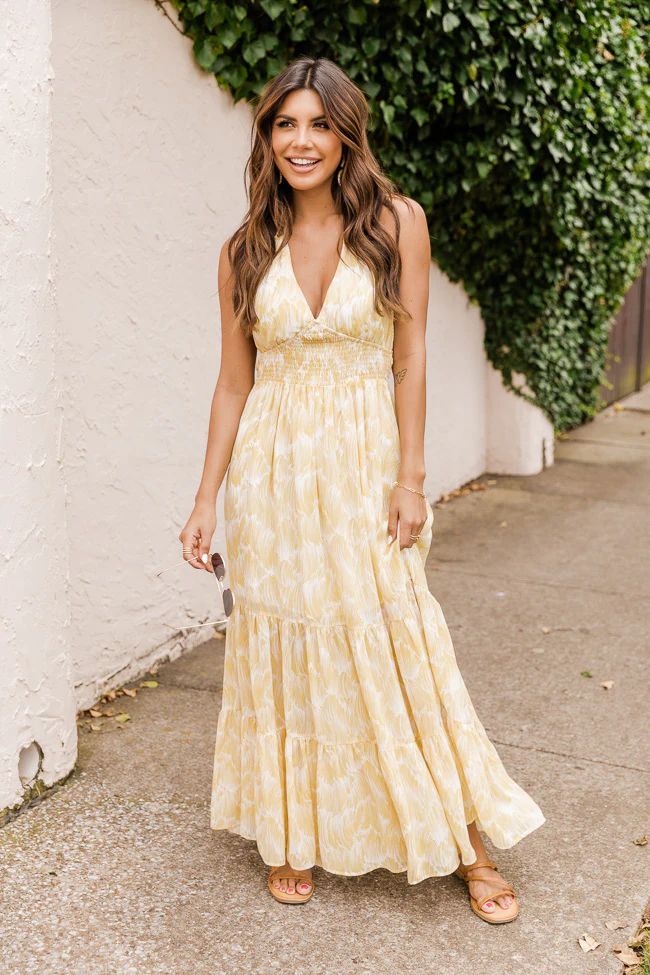 Too Soon Yellow Leaf Print Halter Maxi Dress | The Pink Lily Boutique