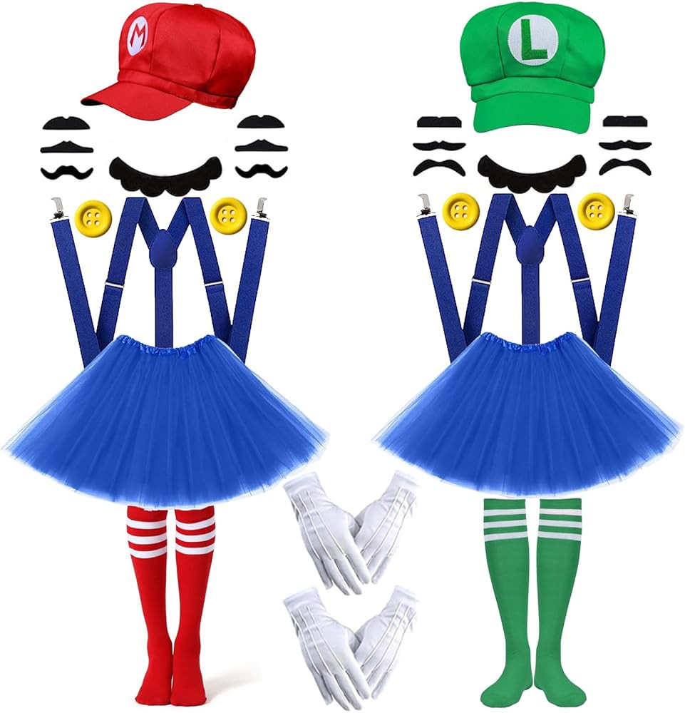 Santoy Super Bros Mary & Luigi Costume for Adult, Hats,Mustache,Gloves,Socks, Blue Dress Outfits ... | Amazon (US)