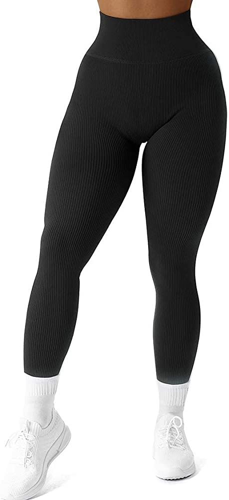 MOSHENGQI Womens High Waisted Seamless Ribbed Leggings Soft Slimming Yoga Pants | Amazon (US)