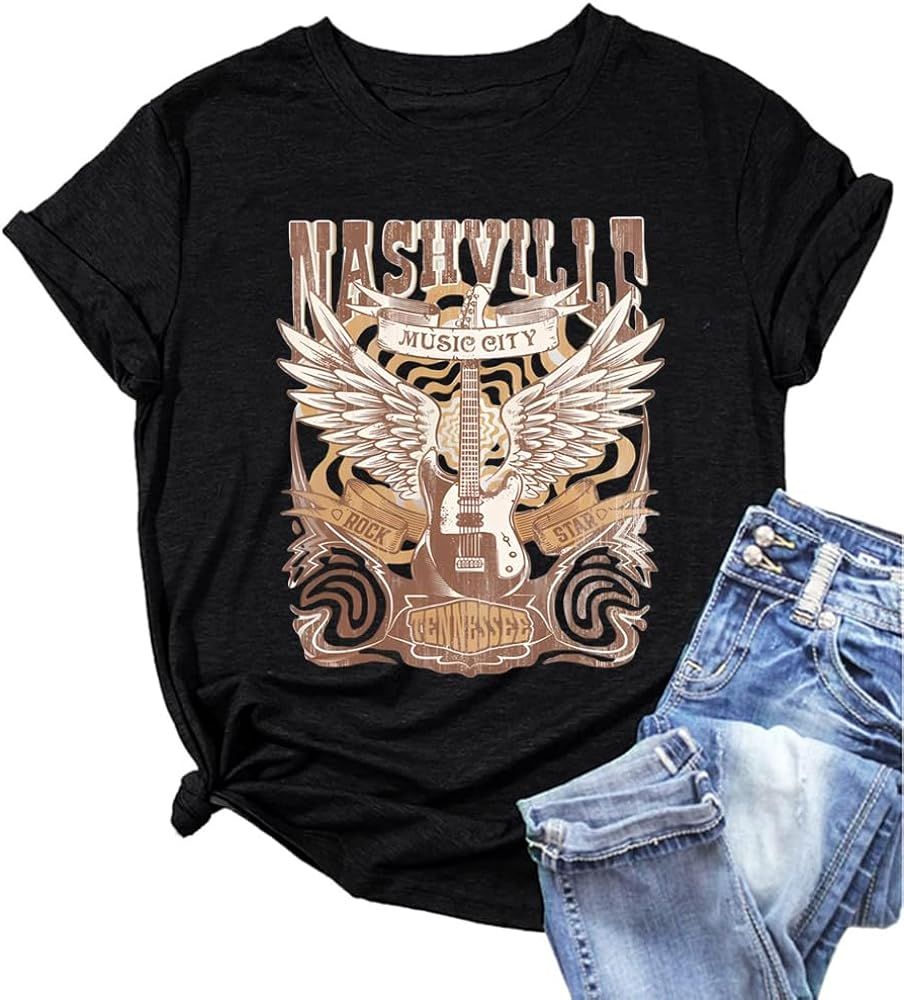 Nashville T-Shirt for Women Country Music Rock Band Shirts Vintage Western Graphic Tees Short Sle... | Amazon (US)