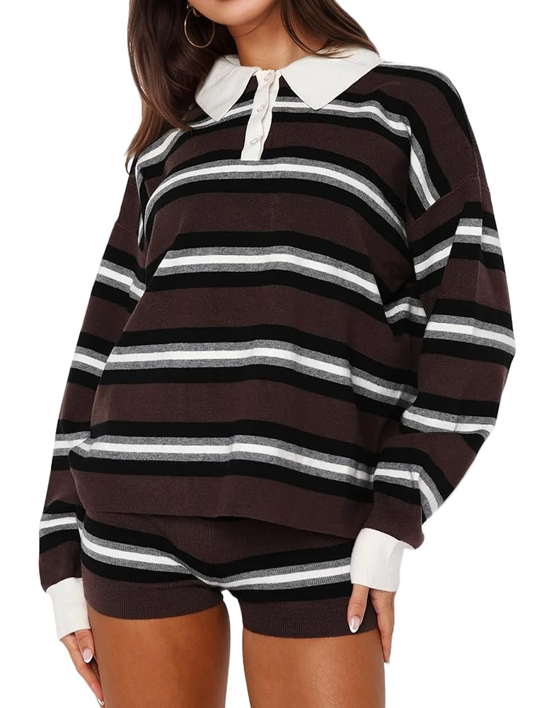 Women Striped Polo Shirts Long Sleeve Rugby Shirts Lapel Collar T Shirts Oversized Pullover Sweat... | Amazon (US)