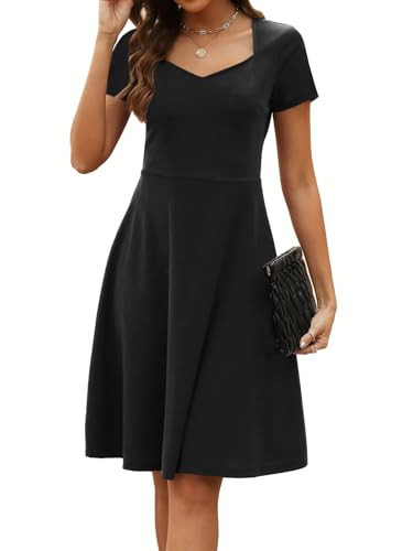 Black Dress for Womens Elegant 50s Casual Sweetheart Neck Short Sleeve Knee Length Business Work A-Line Vintage Dresses 163 (Black, XL) | Amazon (US)