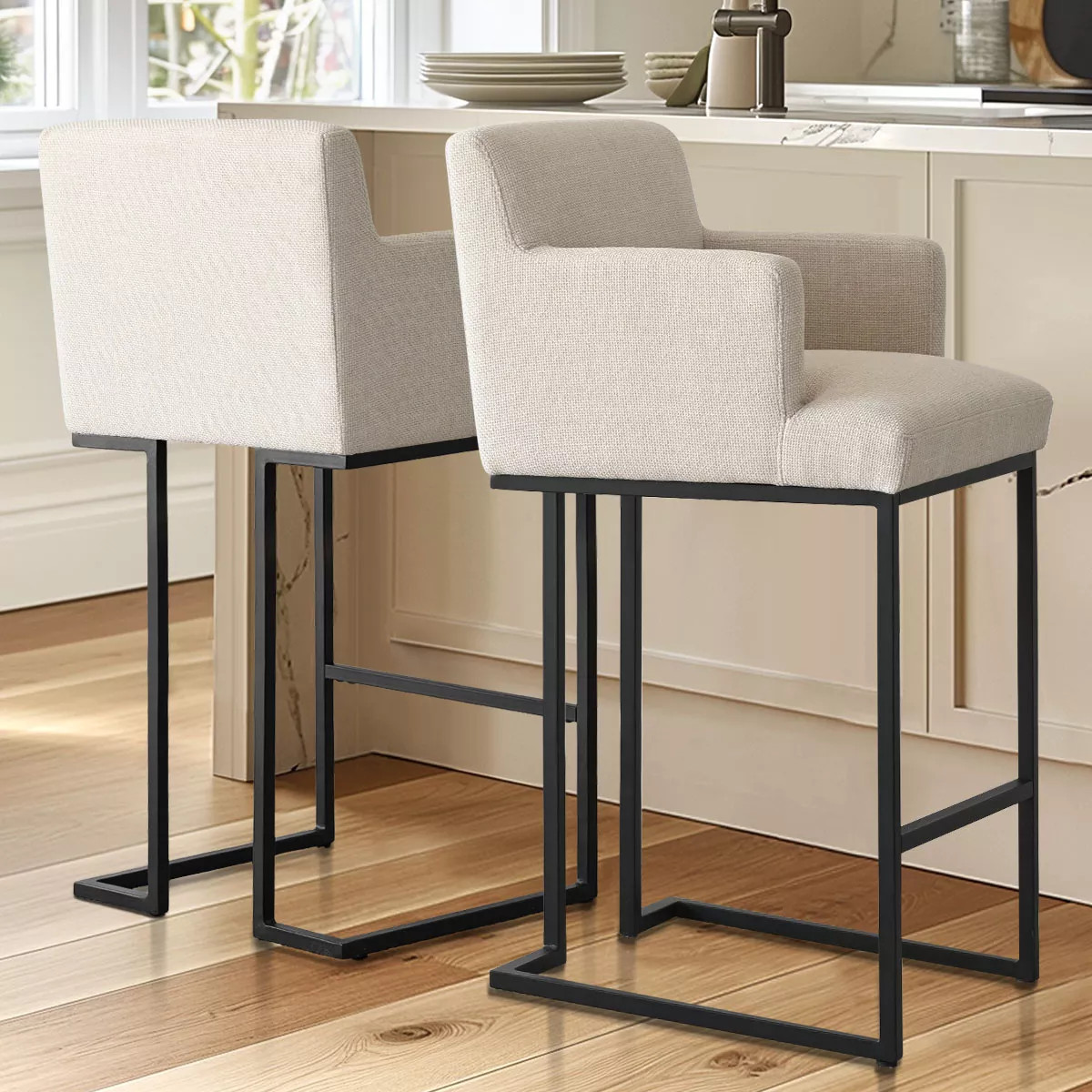 Mason Set of 2 Armrest Bar Stools, BEIGE 28.5" Upholstered Midbar with Black Metal Sled Legs for ... | Target