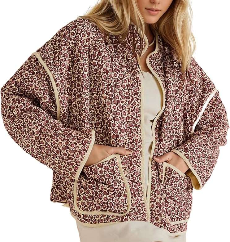 YKR Women's Cropped Puffer Jacket Floral Print Quilted Puffer Jackets Open Front Lightweight Shor... | Amazon (US)
