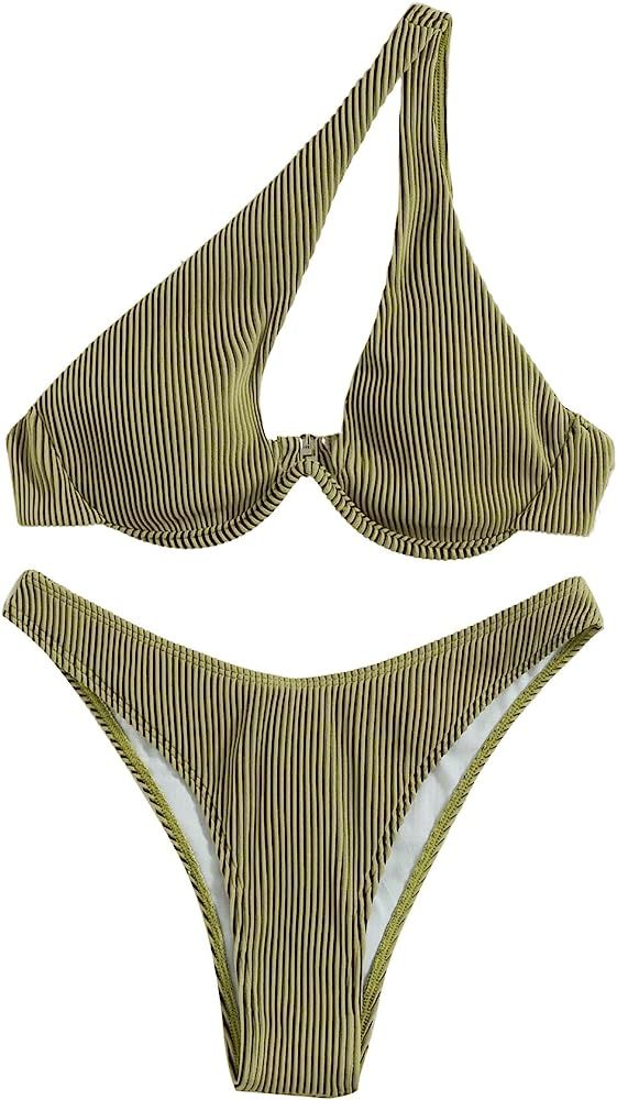 SweatyRocks Women's Ribbed Push Up Bikini Swimsuit One Shoulder Cut Out Bathing Suit | Amazon (US)