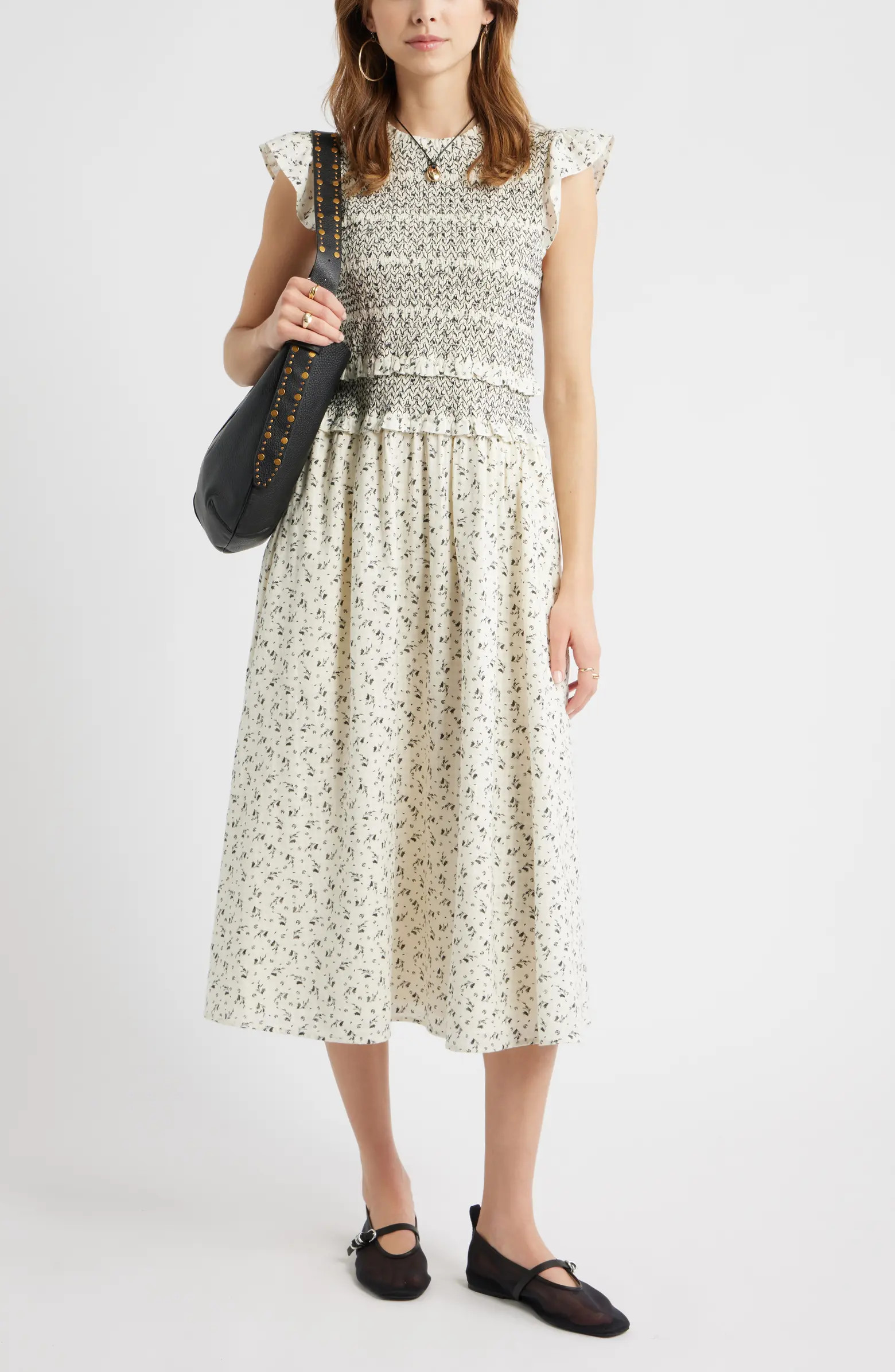 Smocked Bodice Tie Back Cotton Midi Dress | Nordstrom