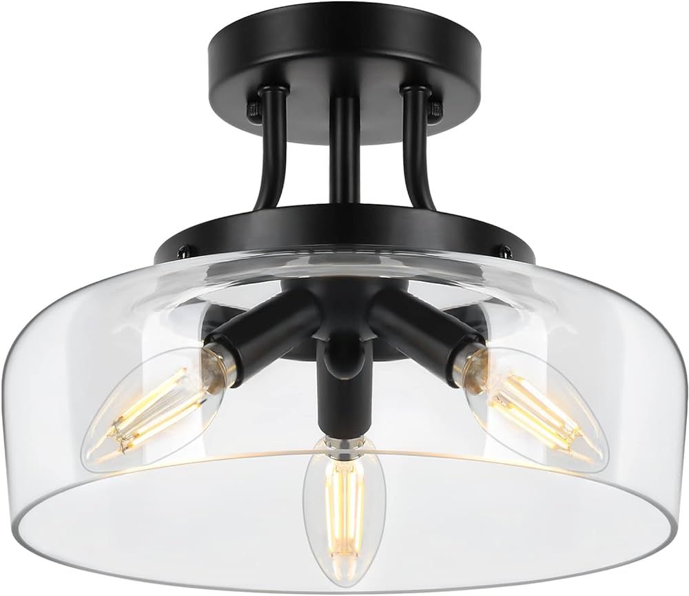 Modern Industrial Semi Flush Mount Ceiling Light with Clear Glass Shade, 3-Bulb Black Ceiling Lig... | Amazon (US)