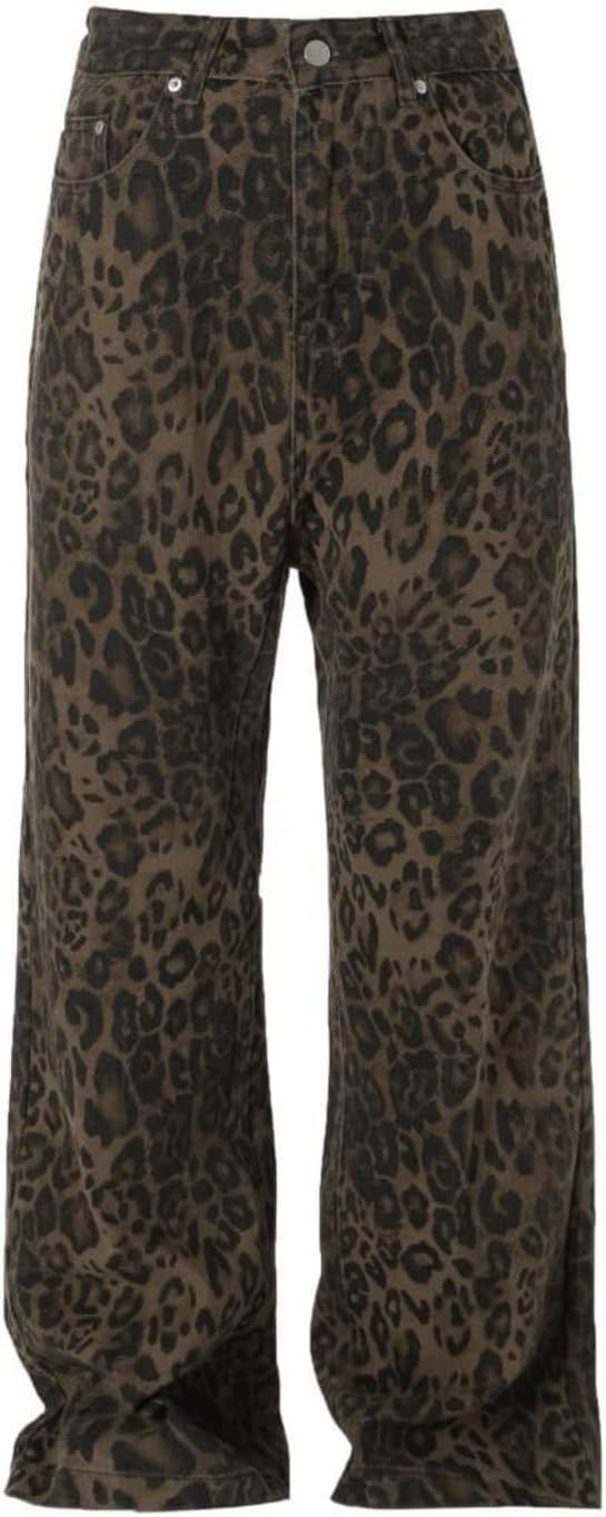 Y2K Leopard Jeans for Women - Baggy Unisex Cheetah Print Straight Leg Denim with Pockets, Casual ... | Amazon (US)