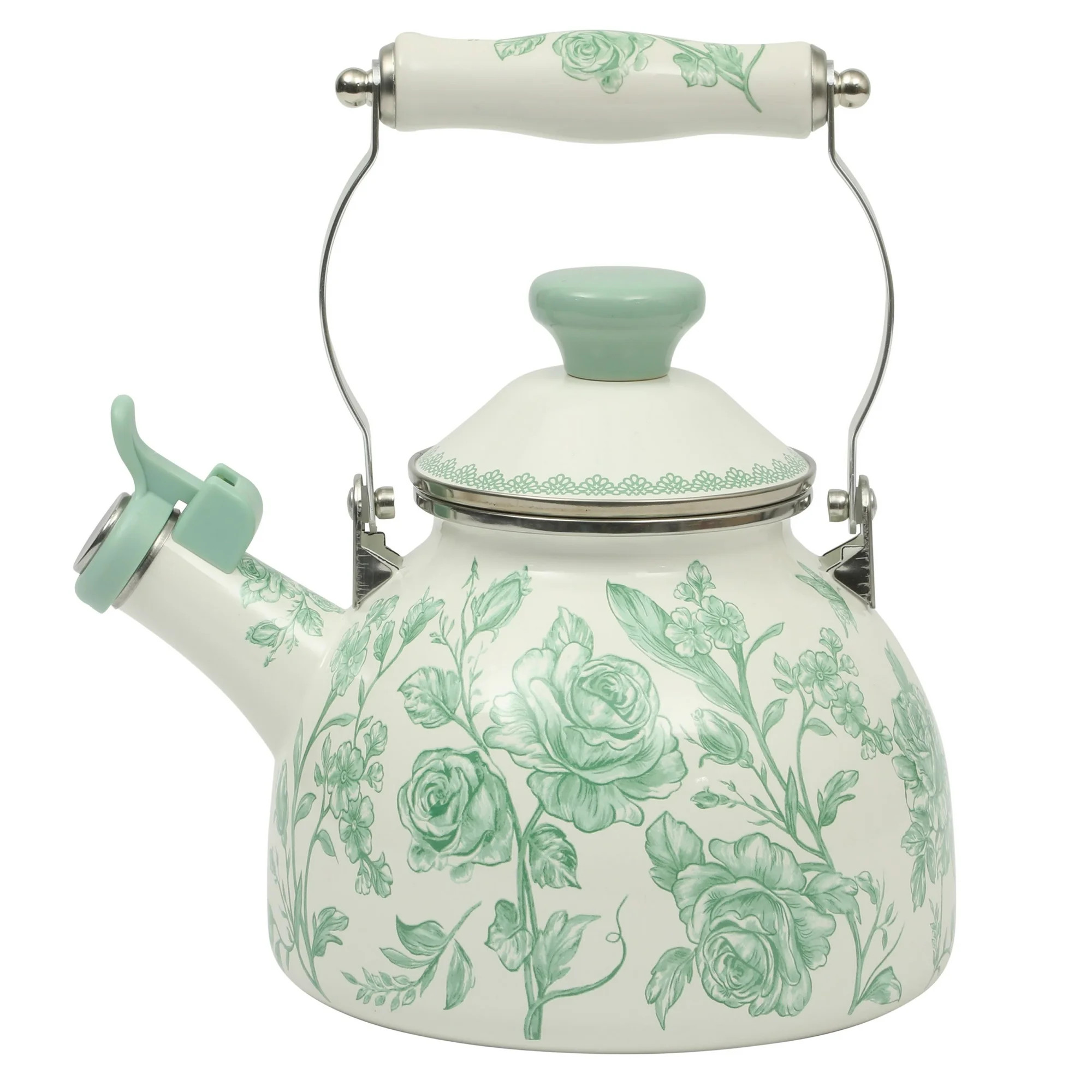 The Pioneer Woman Agatha Enamel on Steel 2.0-Quart Whistling Tea Kettle, Green | Walmart (US)