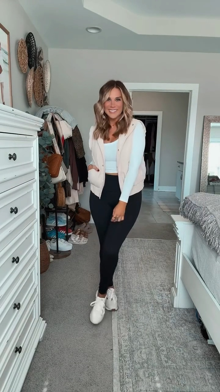 Obsessed with this new lightweight vest for fall! It’s so cute with black leggings and sneakers, but also perfect with denim and boots. A must-need for your closet! 🍂 
I am 5’6 147lbs wearing a size small in leggings, small white top, small vest. Shoes fit true to size and are so comfortable.

#LTKSeasonal #LTKStyleTip #LTKFindsUnder50