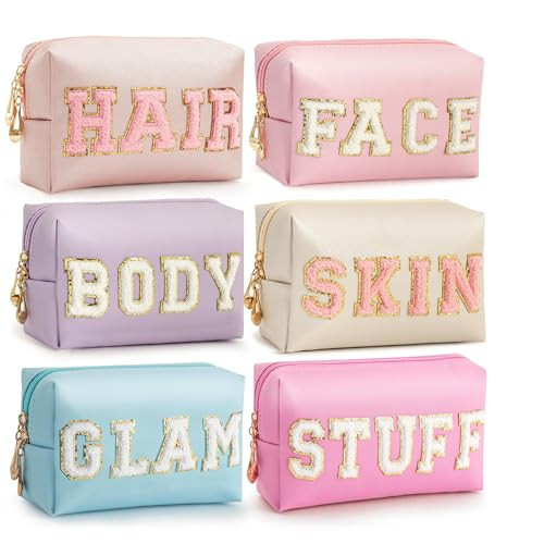 HBselect Preppy Makeup Bag 6 Pcs Travel Toiletry Bag Chenille Letter Patch Makeup Bag Portable Cosmetic Bag for Women PU Leather Waterproof Organizer Make up Bag for Women Girls | Amazon (US)
