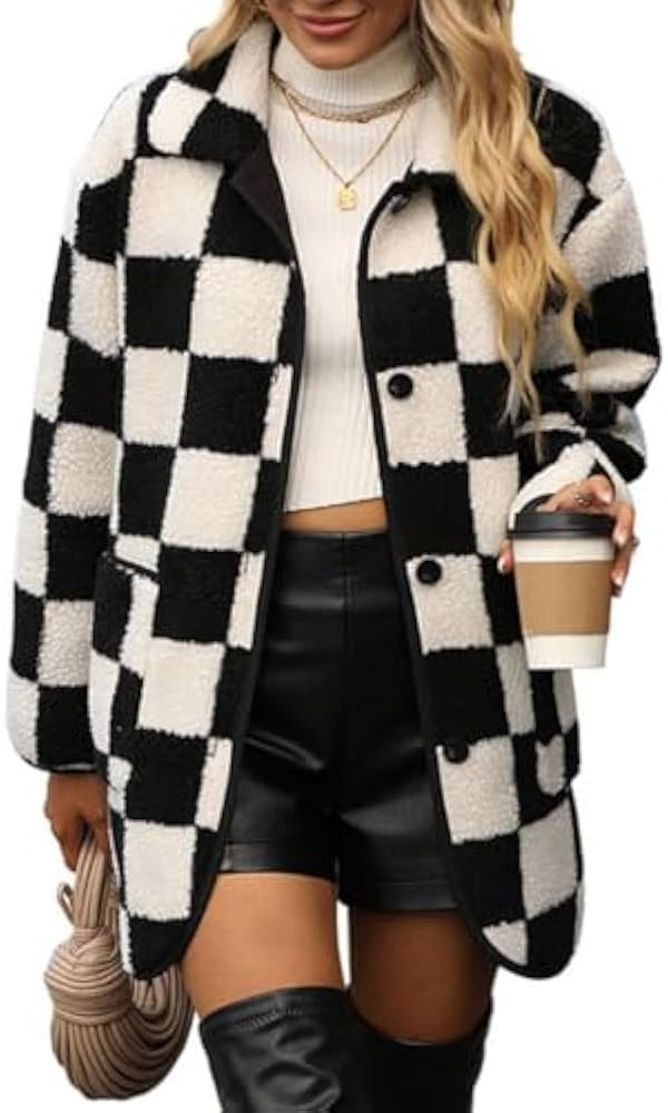 Women's Casual Wool Blend Shacket Jacket Grid Pattern Button Down Long Sleeve Plaid Lapel Coat Ou... | Amazon (US)