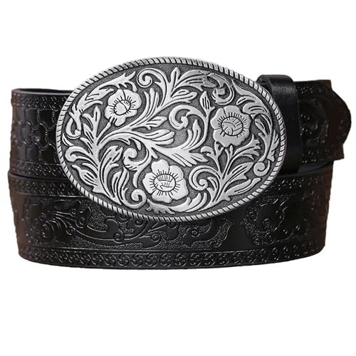 Western PU Leather Cowboy Cowgirl Belt for Men & Women - Vintage Flower Buckle Embossed Leather Belts for Jeans Pants | Amazon (US)