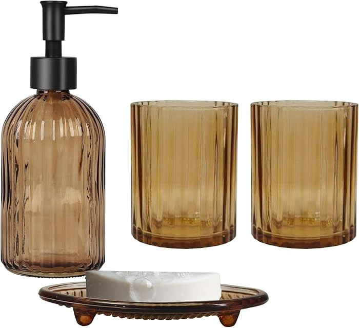 Glass Bathroom Accessories Set, 4Pcs Soap Dispenser Set Includes Soap Dispenser, Toothbrush Holde... | Amazon (US)