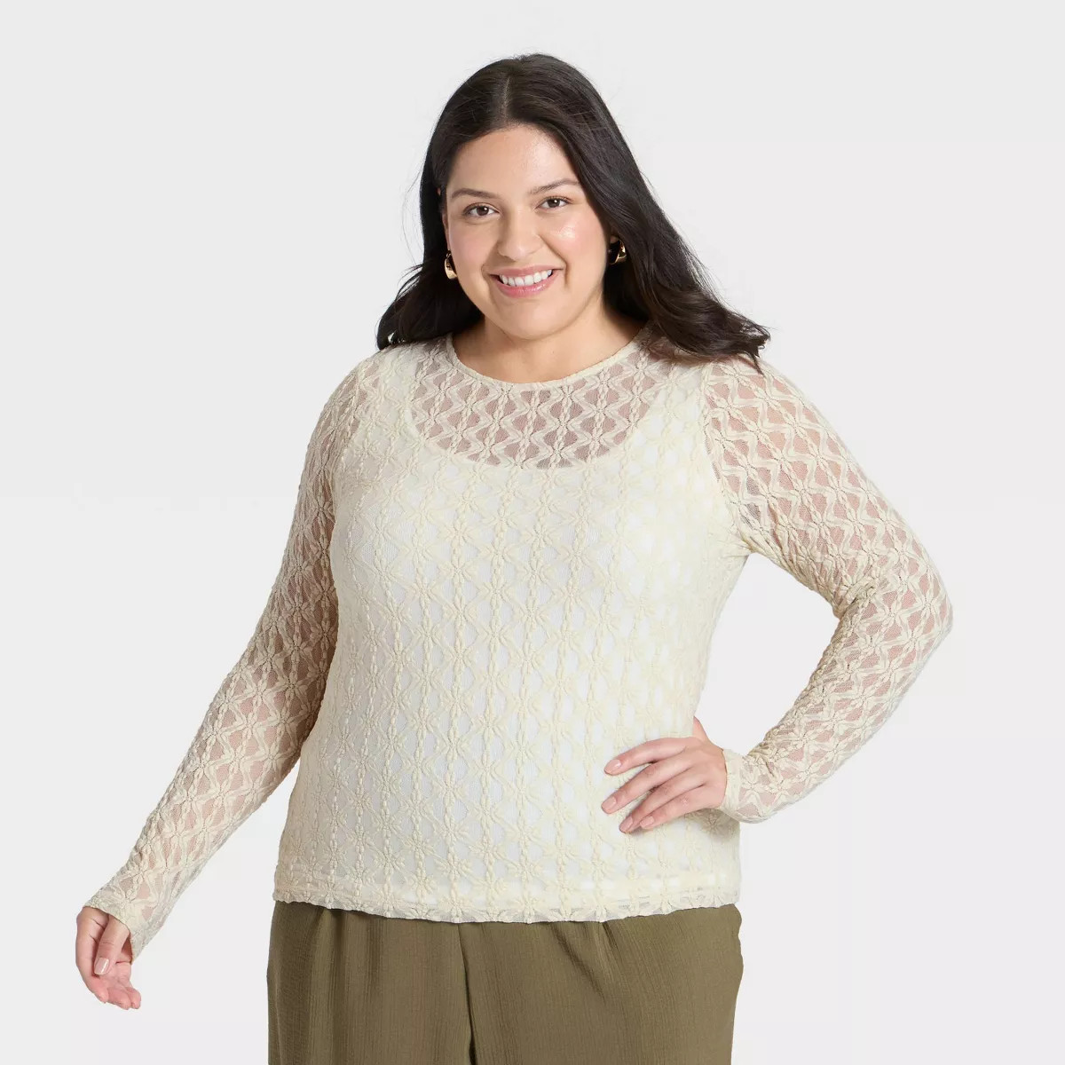 Women's Long Sleeve Lace Top - A New Day™ Cream 2X | Target