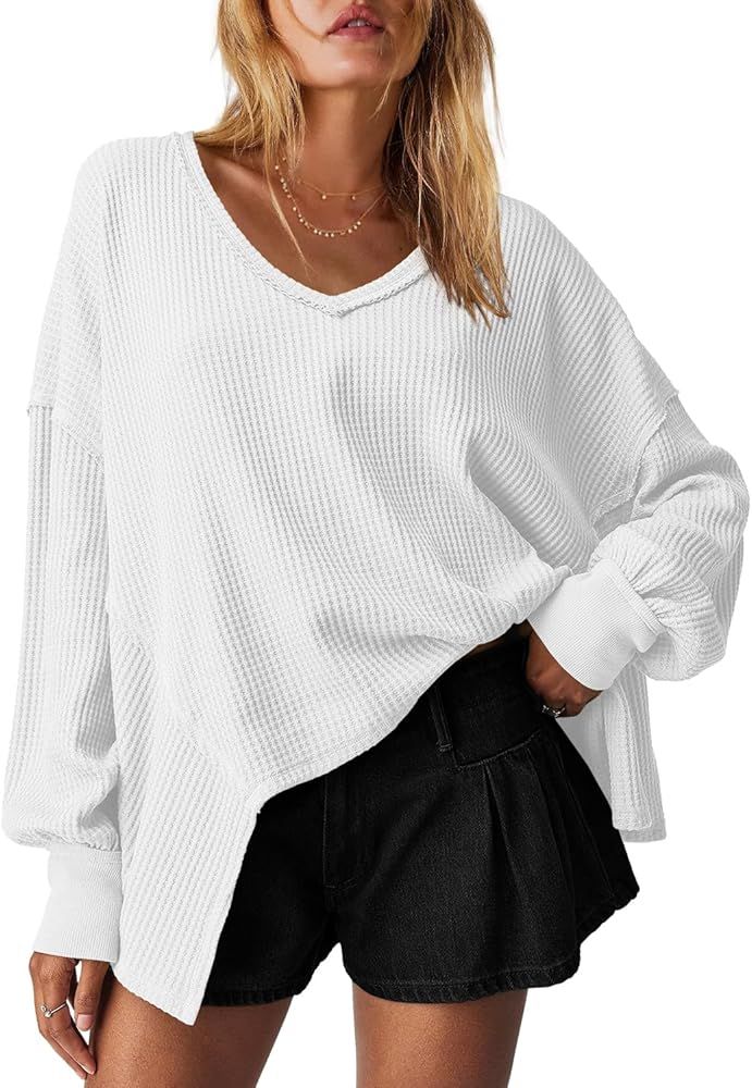 LAMISSCHE Womens Waffle Knit Long Sleeve Shirts Oversized V Neck Thermal Tunic Tops Workout Batwi... | Amazon (US)