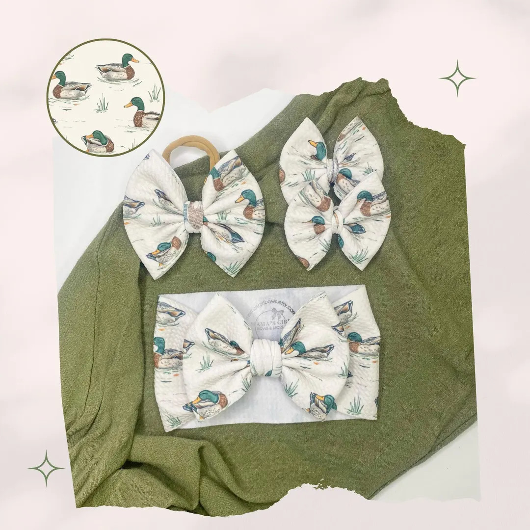 MALLARD DUCKS. Animal Hair Bows. Headwraps, Bow on Nylon, Clips, Piggies. Classic & Shredded. Mic... | Etsy (US)