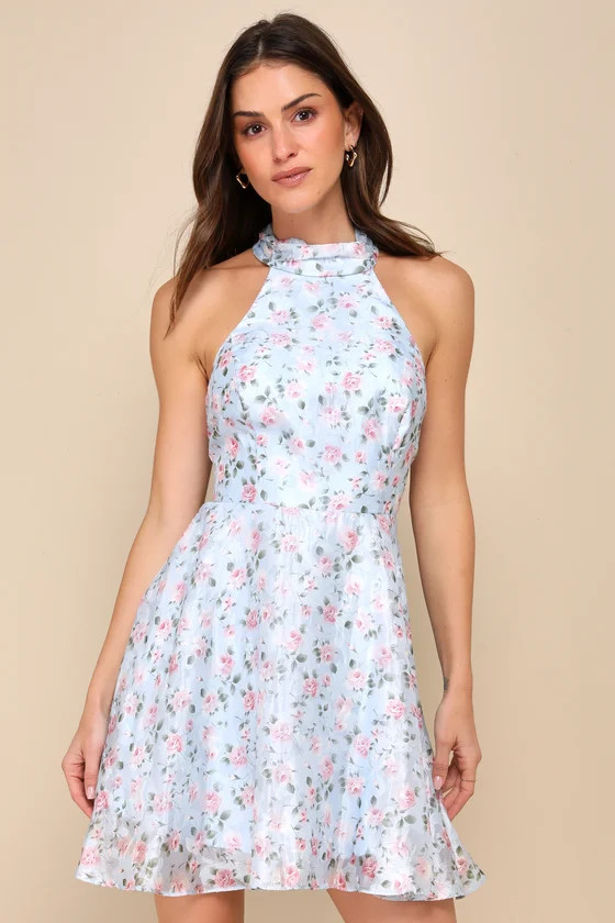 Gorgeous Sweetie Light Blue Floral Jacquard Halter Mini Dress | Lulus