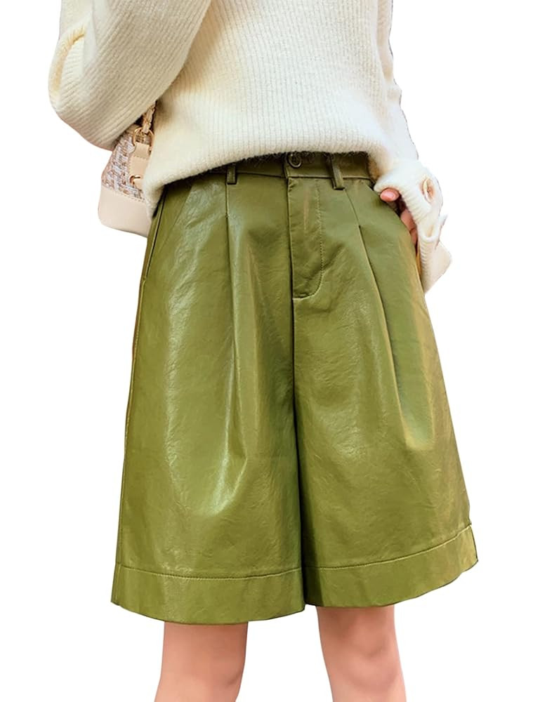 HaoMay Women's Elastic High Waist Wide Leg Pleated PU Faux Leather Shorts | Amazon (US)