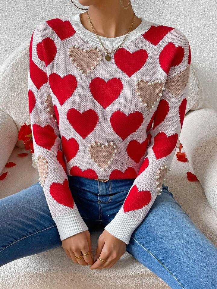 SHEIN Relaxiva Pearl Embellished Heart Sweater | SHEIN