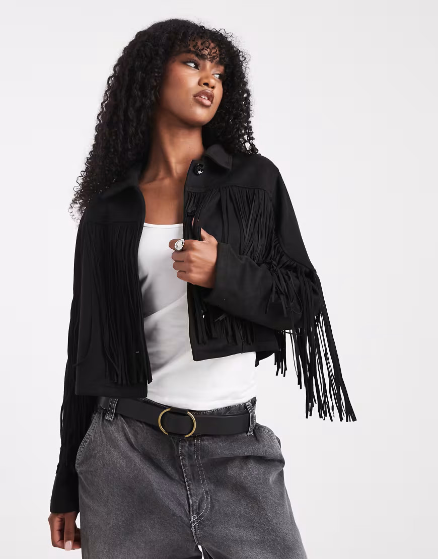 ONLY boho fringe detail faux suede jacket in black | ASOS (Global)