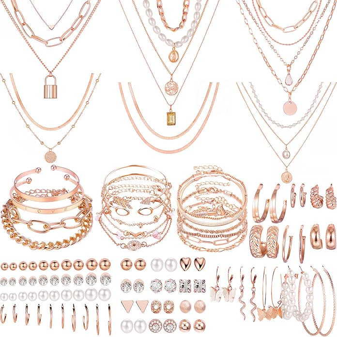 NEWITIN 69 Pieces Gold Jewelry Set for Women Fashion Costume Jewelry Gold Plated Necklace Bracele... | Amazon (US)