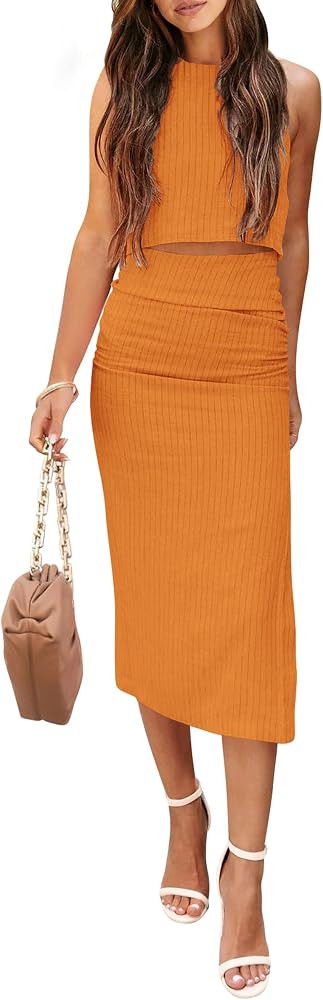 PRETTYGARDEN Women's 2 Piece Summer Outfits Crewneck Tank Tops Split Bodycon Midi Skirt Set | Amazon (US)