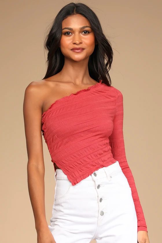 Jasmine Washed Red One-Shoulder Long Sleeve Crop Top | Lulus (US)