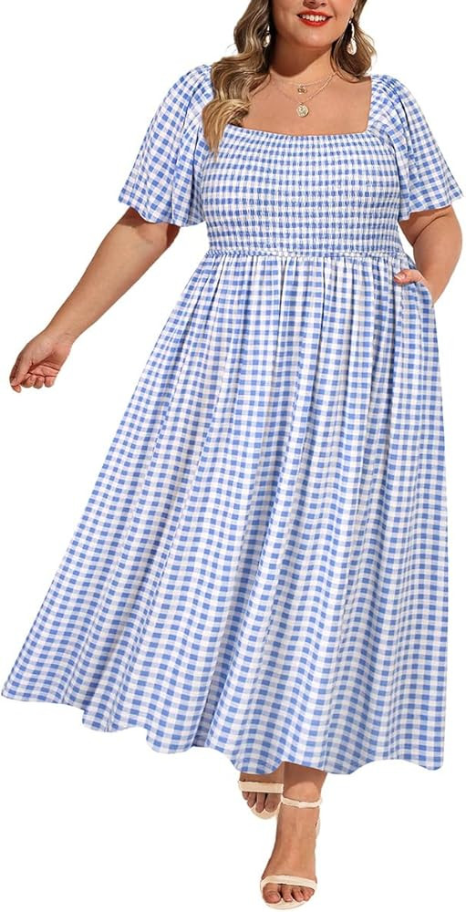 RITERA Plus Size Dresses for Curvy Women Square Neck Short Sleeve Summer Floral Smocked Maxi Dres... | Amazon (US)