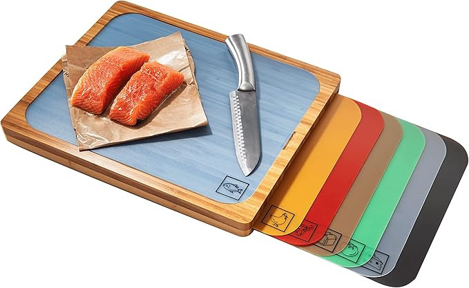 Seville Classics Bamboo Eco-Conscious Cutting Board w/ Color-Coded Mats BPA-Free Plastic for Kitchen | Amazon (US)