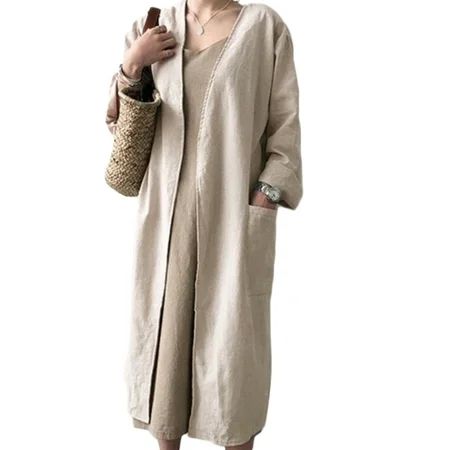 Long Knee Length Boyfriend Casual Baggy Cotton Linen Kaftan Coat Jacket Tops For Women Autumn Vintage Long Kimono Cardigan Trench Coat with Pockets | Walmart (US)