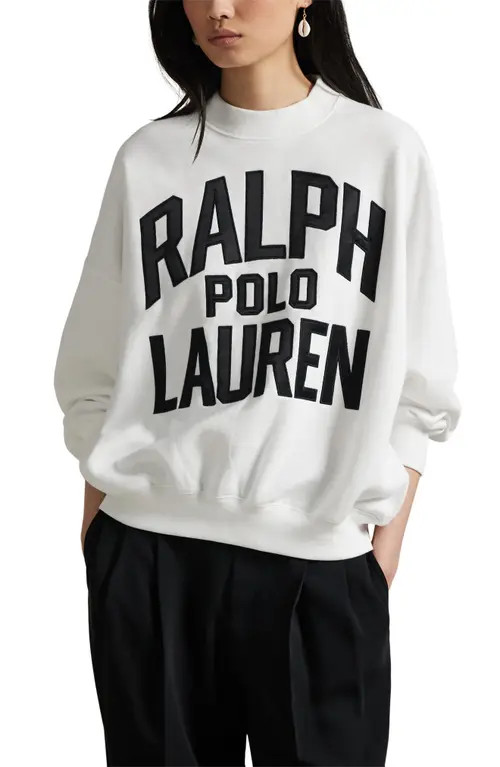 Polo Ralph Lauren Satin Logo Cotton Blend Fleece Sweatshirt in White at Nordstrom, Size X-Small | Nordstrom