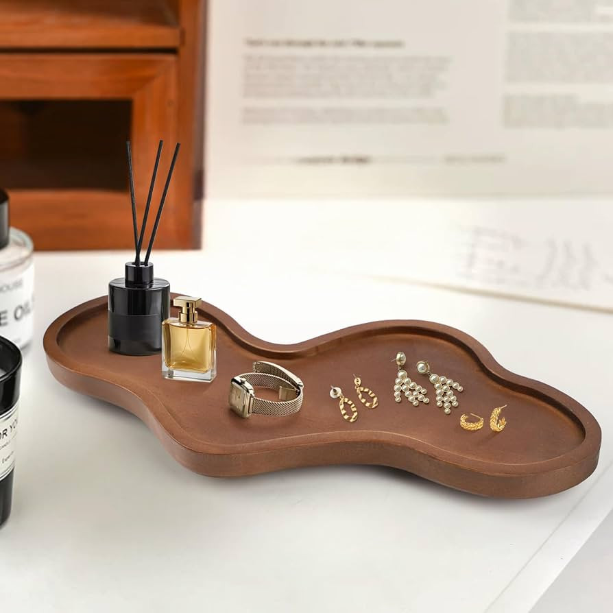 Wood Decorative Tray - Perfume & Jewelry Display, Irregular Shape - For Living Room, Bedroom, Bat... | Amazon (US)