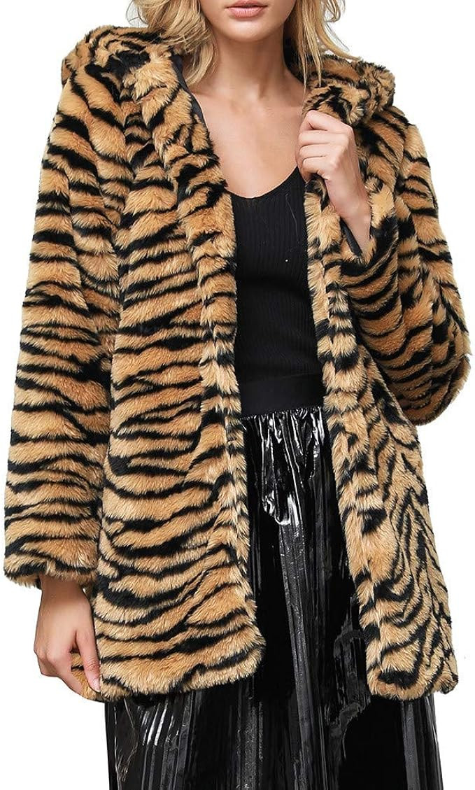 SamojoyFurry Tiger Print Faux Fur Coat, Womens Long Sleeve Parka Fluffy Sherpa Open Front Overcoa... | Amazon (US)