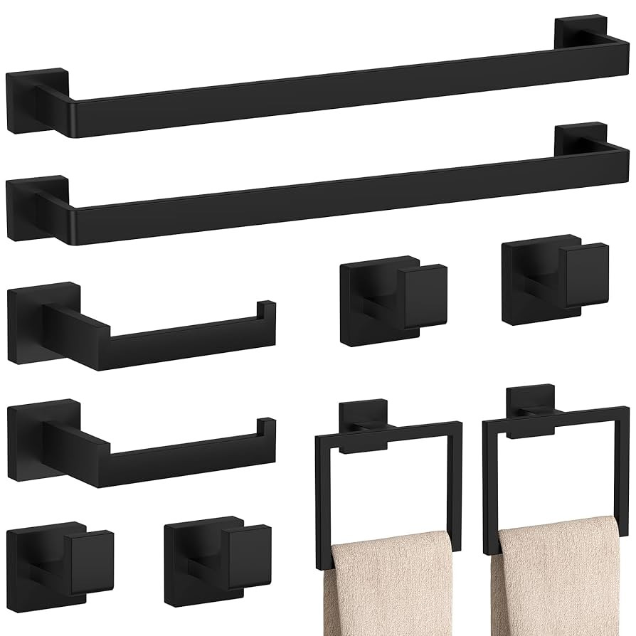 10-Pieces Matte Black Bathroom Accessories Set, 23.6 Inch Bath Towel Bar Set, SUS 304 Stainless S... | Amazon (US)