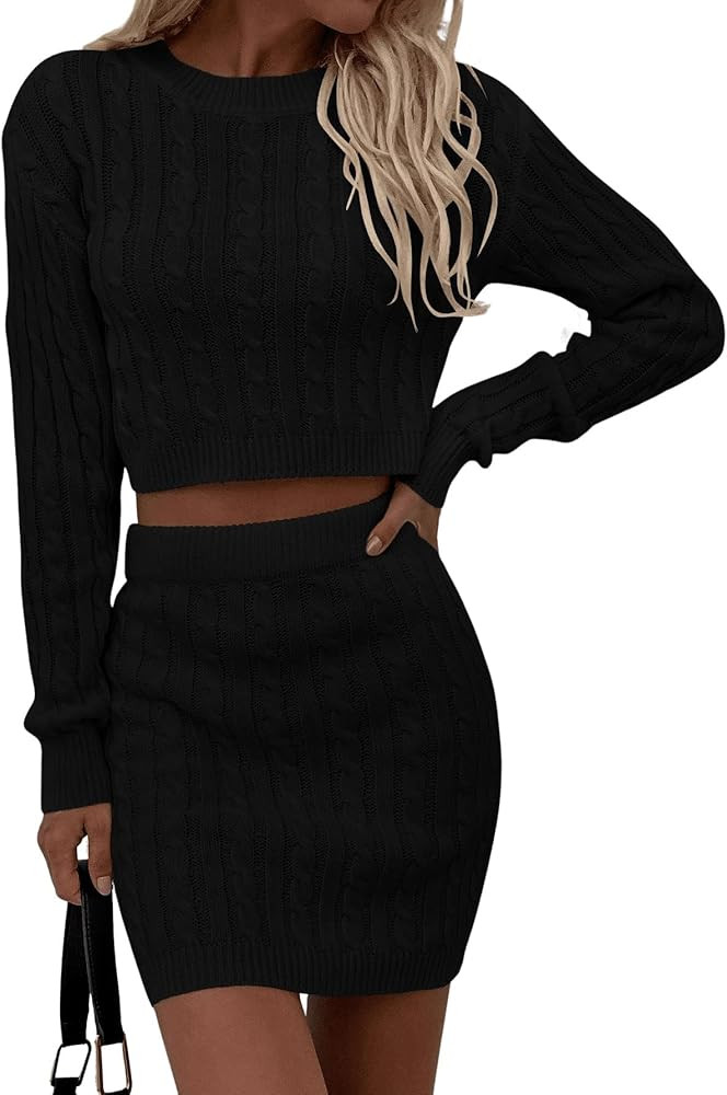 SOLY HUX Women's 2 Piece Outfits Cable Knit Long Sleeve Sweater Crop Tops and Mini Skirt Set | Amazon (US)