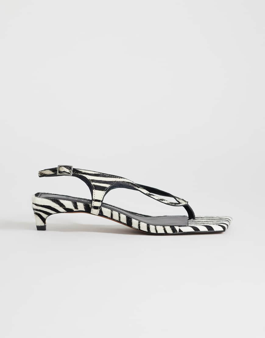 Topshop Sunshine mid-height heel flip flops in zebra hair-on real leather-Black | ASOS (Global)