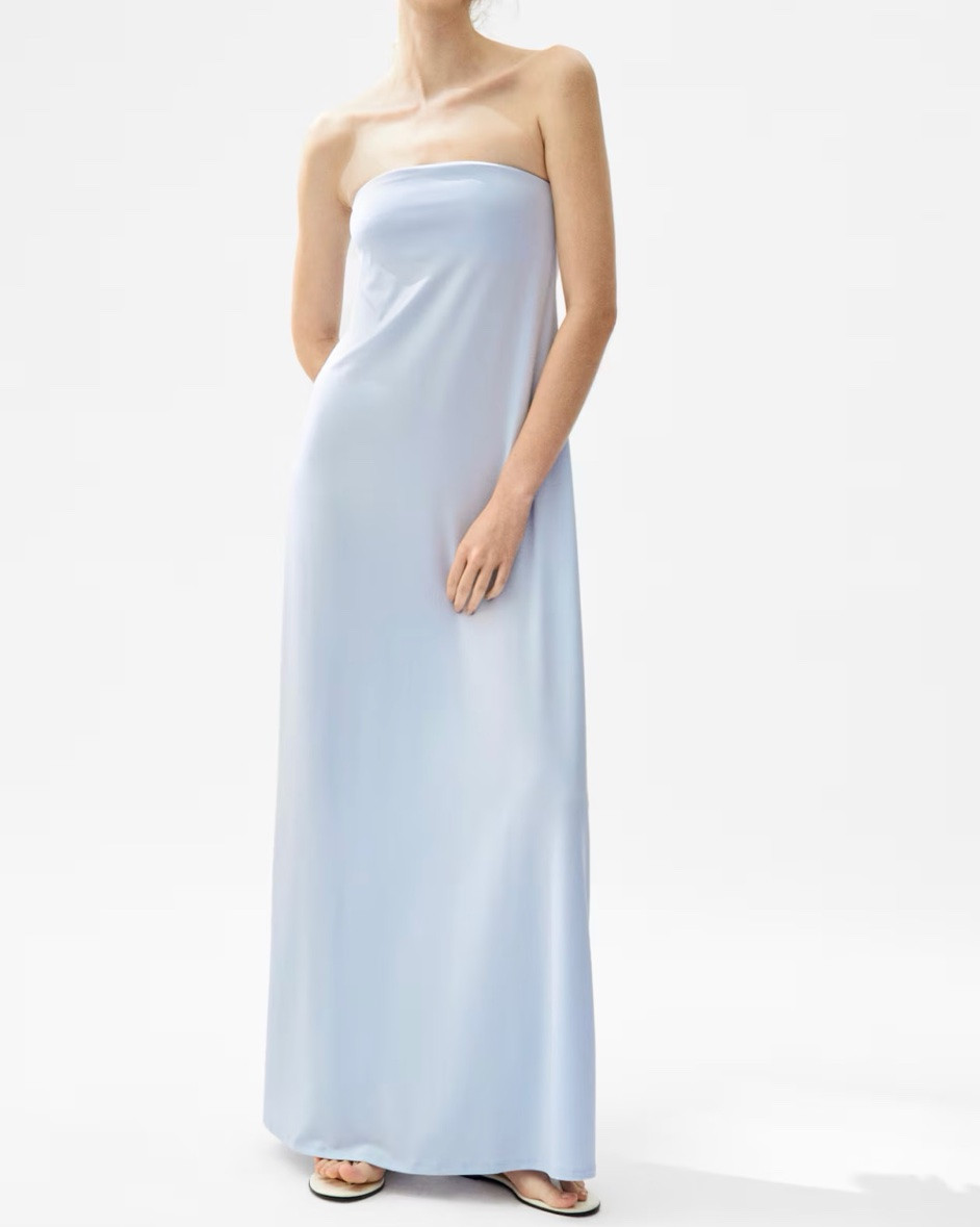 Baby blue strapless maxi dress 
Summer wedding guest dress

#LTKSeasonal