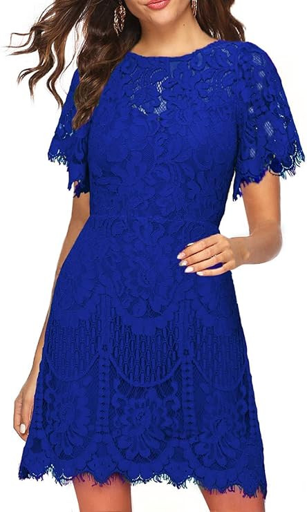 MSLG Women's Elegant Round Neck V-Back Wedding Guest Floral Lace Cocktail Party A Line Dress 910 | Amazon (US)