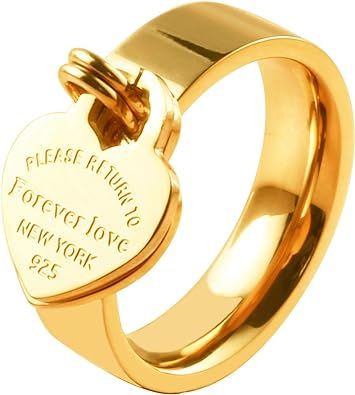 JINHUI Valentine's Day Gift Jewelry 18K Gold/Rose Gold Forever Love Ring with Engraved Heart Char... | Amazon (US)
