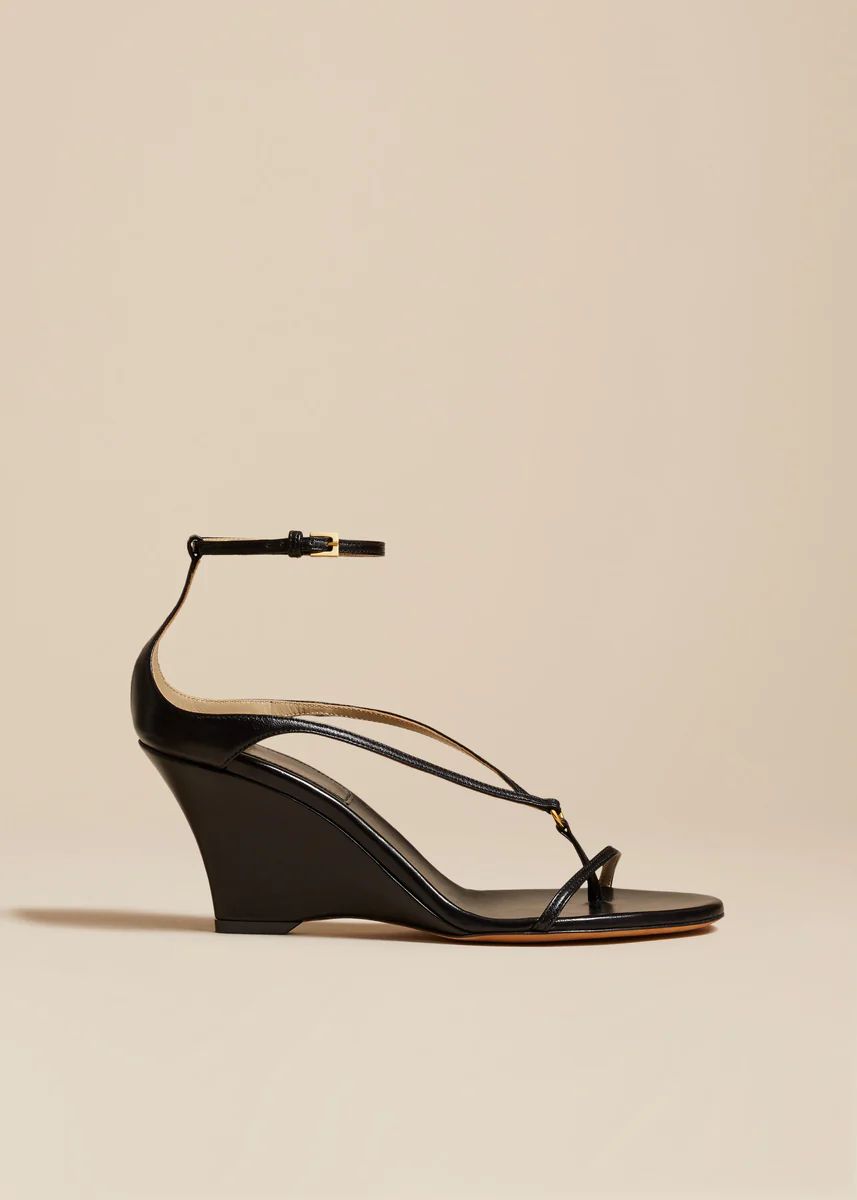 The Marion Strappy Wedge Sandal in Black Leather | Khaite