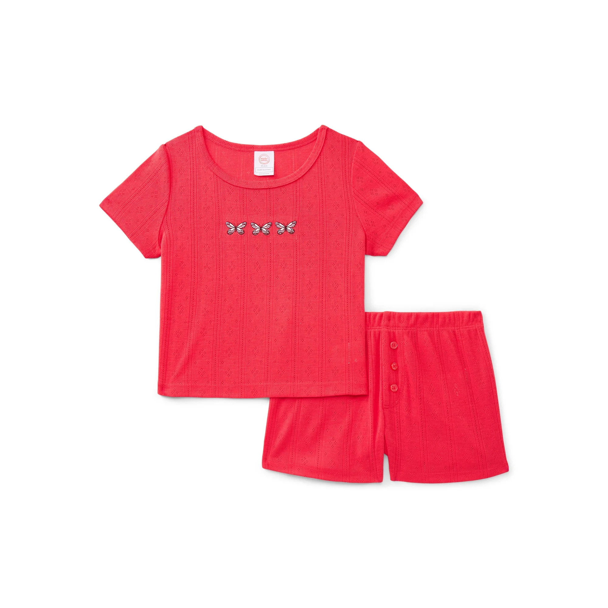 Wonder Nation Girls Pointelle Short Sleeve Top and Shorts Pajama Set, 2-Piece, Sizes 4-18 | Walmart (US)