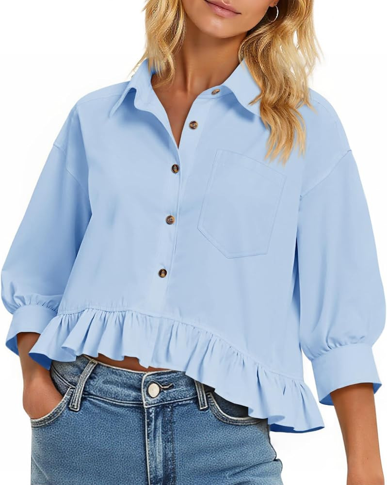 Cicy Bell Womens Cropped Button Down Shirts 3/4 Length Sleeve Casual Cotton Blouses Loose Fit Ruf... | Amazon (US)