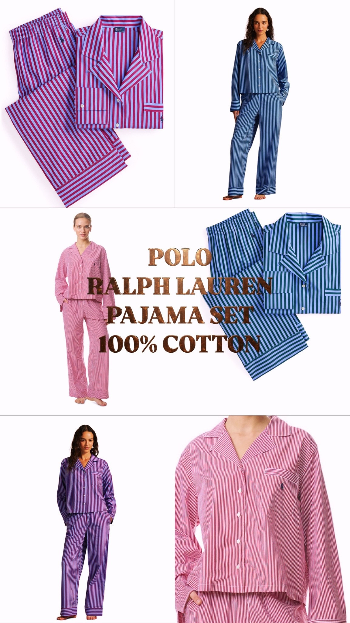Classic Striped Polo Ralph Lauren pajama set. Available in 3 different color patterns. ON SALE for $88 from $148