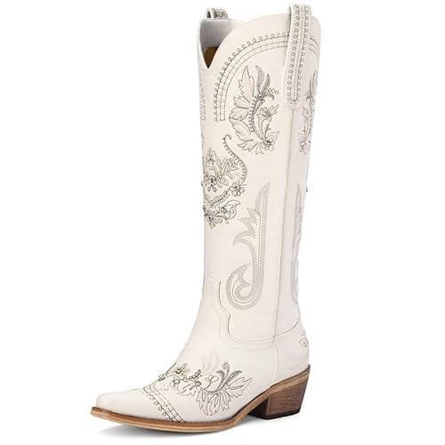 Dixhills Cream Cowboy Boots for Women - Wide Calf Knee High Cowgirl Boot, Glitter Sparkly Rhinestone Western Country Wedding Boots with Classic Embroidery, Pointed Toe Pull,size 9.5 | Amazon (US)