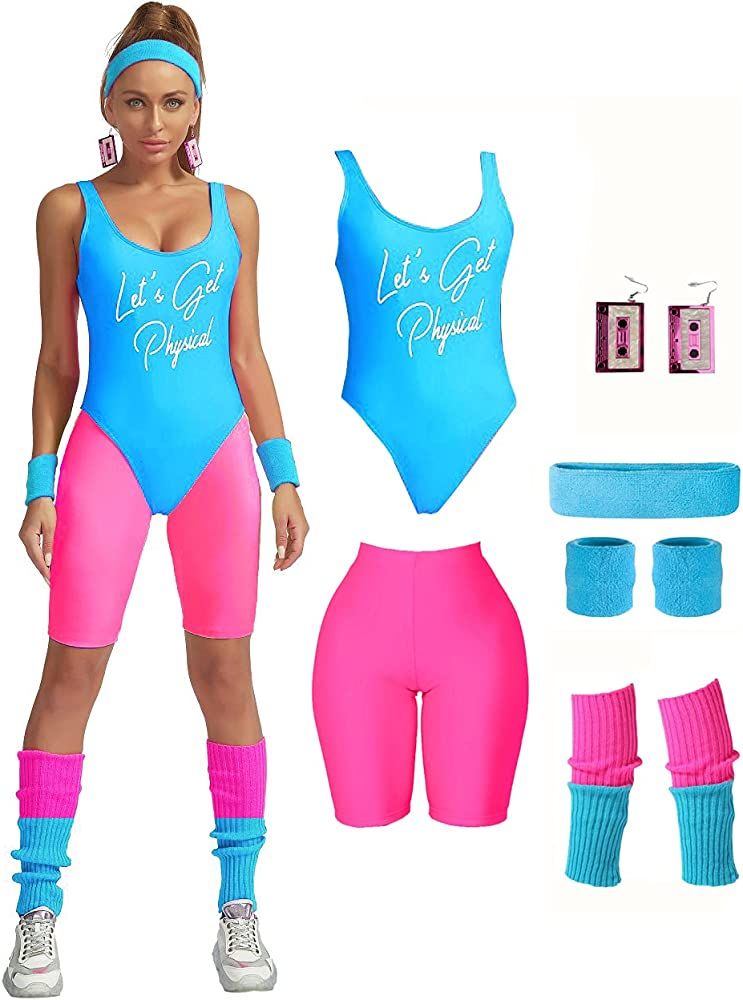 MIAIULIA Womens 80s Workout Costume Outfit 80s Accessories Set Leotard Neon Legging Headband Wris... | Amazon (US)